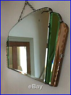 Vintage Art Deco Frameless Green & Peach Tinted Fan Mirror 1930s Bevelled m159
