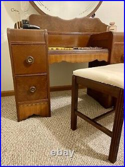 Vintage Art Deco Waterfall Vanity With Mirror And Bench