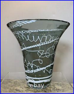 Vintage BX Glass Hand Blown Smoke gray Vase White Drizzle Art Abstract RARE