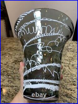 Vintage BX Glass Hand Blown Smoke gray Vase White Drizzle Art Abstract RARE