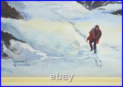 Vintage Birdell Eliasan The Mountain Trail Hiker in Snow Watercolor Painting