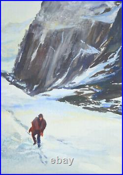 Vintage Birdell Eliasan The Mountain Trail Hiker in Snow Watercolor Painting