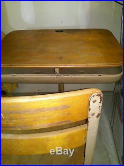 Vintage Child's School Desk & Chair Wood And Metal