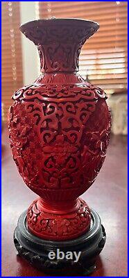 Vintage Chinese Hand Carved Cinnabar with Scenic Scene Vase with black stand