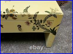 Vintage Chinoiserie Yellow Laquer Handpainted Bird Floral Coffee Table Eclectic