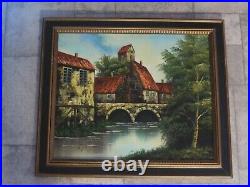 Vintage Cityscape Landscape Oil Painting On Canvas, Signed