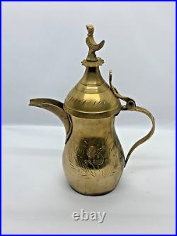 Vintage Dallah Brass Arabic Coffee Pot Qahwa Bedouin Rare with plate, 5 cups