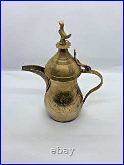 Vintage Dallah Brass Arabic Coffee Pot Qahwa Bedouin Rare with plate, 5 cups