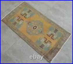 Vintage Distressed Small Area Rug Hand Knotted Oushak Rugs Yastik -1'7 x 2'11