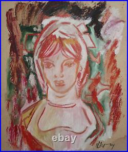 Vintage European pastel painting woman portrait signed