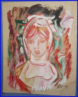 Vintage European pastel painting woman portrait signed