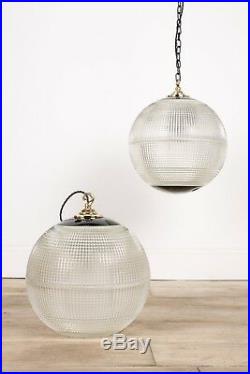 Vintage French Antique Parisian Prismatic Holophane Globe Pendant Ceiling Lights