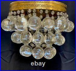 Vintage French Art Deco Brass Crystal Ball Wedding Cake Flush Mount Chandelier