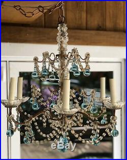 Vintage French Glass Blue Crystal Drops Macaroni Beaded Chandelier REWIRED