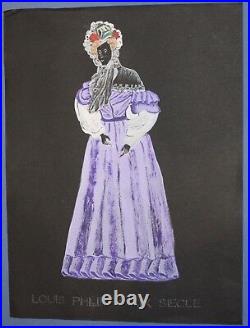 Vintage French gouache painting theatre female costumes design