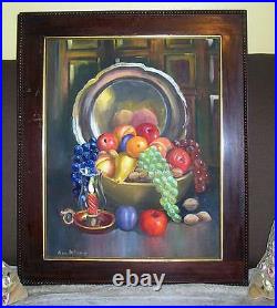 Vintage Grapes Peaches Apples Candle Plum Still Life Oil Painting Antique Frame
