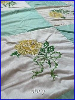 Vintage Green 40s Floral Quilt Patchwork Hand Embroidered Comforter Cottagecore