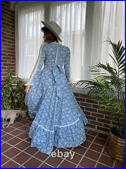 Vintage Gunne Sax Prairie Maxi Dress/ Gown Blue White Lace Cottagecore