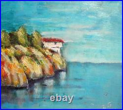 Vintage Impressionist Oil Painting Seascape Seaside House Signed