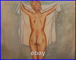 Vintage Impressionist pastel painting nude female portrait