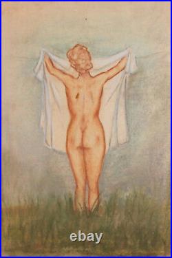 Vintage Impressionist pastel painting nude female portrait