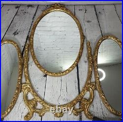 Vintage Italy Rose Ornate Gold Hued Tri-fold Vanity Mirror