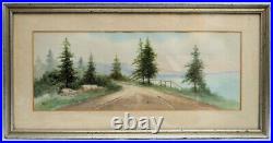 Vintage Landscape Costal Road Watercolor On Paper 20 X 7 1/2