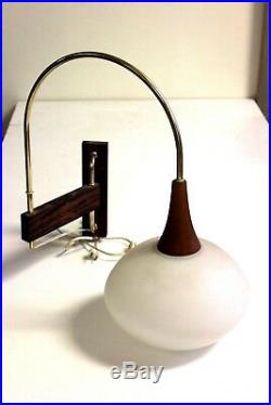 Vintage MID Century Danish Modern Glass & Teak Wall Sconce Lamp