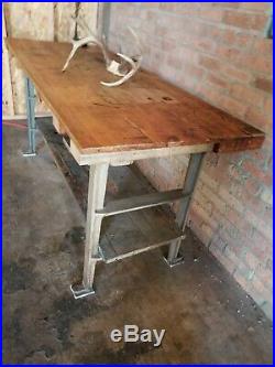 Vintage Maple top Cast Iron Legs Work Table Desk Bench Industrial Factory patina
