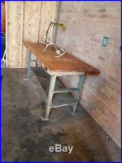Vintage Maple top Cast Iron Legs Work Table Desk Bench Industrial Factory patina