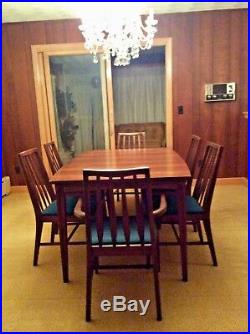 Vintage Mid-century Modern Dining Set Table + 3 leafs & 6 Chairs w Fabric EUC