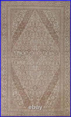 Vintage Muted Beige Geometric Hamedan Area Rug 6x10 Handmade Living Room Carpet