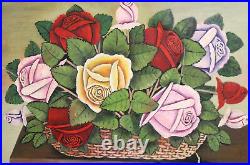 Vintage Naive Art oil painting still life with roses