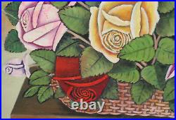 Vintage Naive Art oil painting still life with roses