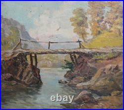 Vintage Oil Painting Impressionist Landscape River Bridge Signed