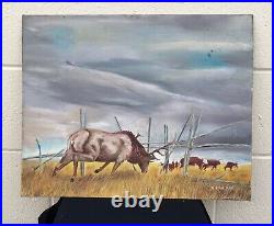 Vintage Oil Painting on Canvas Board Wyoming Elk Ranch Landscape Cattle Cows