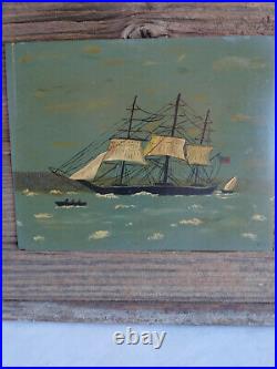 Vintage Original Oil Painting On Board Ship Sailing Seas Maritime Nautical Read