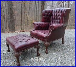 Vintage Oxblood Tufted Leather Chesterfield Wingback Library Chair & Ottoman