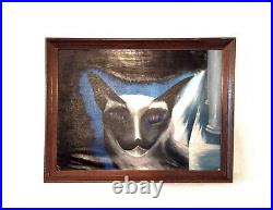 Vintage Painting Cat Siamese Original Black Oil Framed Portrait Modern 18x24