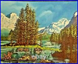 Vintage Painting Mid-Century Acrylic on Board Mountain & River Framed and Signed