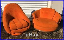 Vintage Pair Baughman Style Mid Century Barrel Lounge Chairs Swivel Orange 70s
