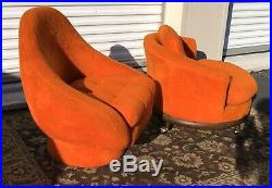 Vintage Pair Baughman Style Mid Century Barrel Lounge Chairs Swivel Orange 70s