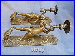 Vintage Pair Heavy Gilt Brass Cherub Wall Sconces Candle/Lights Mid/Late Century
