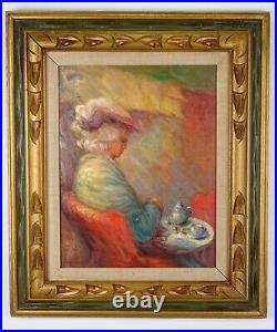 Vintage Portrait Of Lady Having Tea Oil Painting On Canvas Illegible Signature