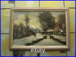 Vintage Possibly Antique Signed Oil on Board Painting of Rural Winter Scene