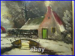 Vintage Possibly Antique Signed Oil on Board Painting of Rural Winter Scene