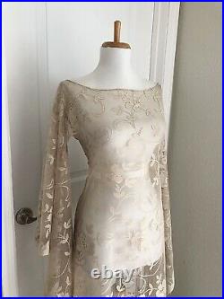 Vintage Sheer Beige Lace Maxi Dress CUT OUT Boho Hippy Crochet Wedding Gown