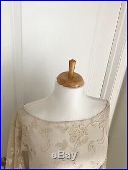 Vintage Sheer Beige Lace Maxi Dress CUT OUT Boho Hippy Crochet Wedding Gown L XL