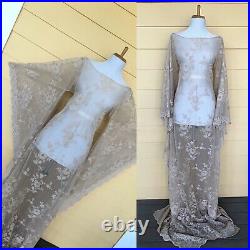 Vintage Sheer Champagne Lace Wedding Gown Boho Hippie Cut Out Crochet Maxi Dress