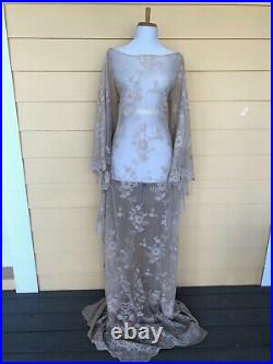 Vintage Sheer Champagne Lace Wedding Gown Boho Hippie Cut Out Crochet Maxi Dress